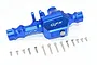 A blue anodized aluminium front gearbox housing for a Traxxas TRX-4, featuring GPM branding and a set of included mounting screws.