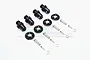 A set of four black aluminium 17mm wheel hex adapters for RC cars, including nuts, pins, and washers on a white background.