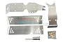 A set of GPM Racing stainless steel skid plates for an RC car, including mounting hardware and a drill bit on a white background.
