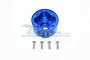 A blue anodized aluminium differential case for an RC car, accompanied by four flat-head screws, set against a plain white background.