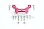 A red anodized aluminium front top brace for an ARRMA RC car, accompanied by various metal screws and two nuts, displayed against a white background.