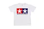 A white Tamiya branded t-shirt featuring the classic red and blue star logo and Tamiya Plastic Model Co. text on the chest.