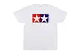 A white T-shirt featuring the Tamiya logo with two stars and the text TAMIYA PLASTIC MODEL CO. printed on the chest.
