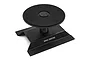 A black aluminium RC car stand by Yeah Racing with a circular rotating top platform and a wide stable base.