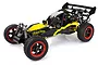 A 1/5 scale Rovan Baja 45cc petrol RC buggy with a black and yellow body, red wheel rims, and off-road tires, shown on a white background.