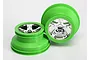 Two Traxxas RC short course wheels with bright green outer rims and chrome-plated five-spoke centers against a white background.