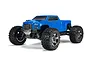 ARRMA Big Rock 4x4 3S BLX RC monster truck in blue, featuring large off-road tires and a detailed crew cab body on a white background.
