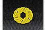 A yellow fibre glass brake disc for an RC car, featuring a central hexagonal hole and ventilation slots and holes, set against a carbon fibre background.