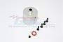 GPM Racing silver aluminium differential case for Axial Yeti XL with included screws and O-ring on a white background.