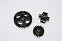 Three dark hardened steel gears for an Axial Yeti XL RC transmission, arranged on a plain white background.