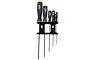 A set of six Du-Bro imperial ball hex drivers in a black wall-mounted storage rack against a white background.
