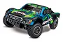 Traxxas Slash 4x4 Ultimate RC short course truck with a black, green, and blue graphic body, featuring off-road tires and a front bumper.