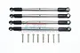 Four GPM Racing stainless steel tie rods with black plastic rod ends and eight matching silver screws on a white background.