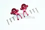 Two red anodized aluminium front steering hubs for ARRMA Granite RC cars, accompanied by six metal screws, displayed on a white background.