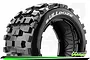 A close-up studio shot of a black Louise Bulldoze RC buggy tyre with a blocky tread pattern and white lettering on the sidewall.