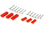 A set of red plastic JST connector housings and metal crimp pins arranged on a white background.