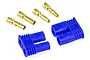 A pair of blue EC2 connector housings with four gold-plated bullet terminals on a white background.