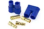 A pair of blue EC3 plastic connector housings and four gold-plated bullet terminals on a white background.