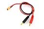An XT30 charging lead with a yellow XT30 connector on one end and two 4mm banana plugs on the other, connected by red and black silicone wires.