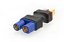 A male Deans to female EC3 RC battery adapter connector against a white background.