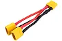 An XT90 parallel adapter cable featuring two female XT90 connectors wired to one male XT90 connector with red and black 14AWG silicone wire.