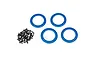 Four blue anodized aluminum 1.9-inch beadlock rings and a pile of small black mounting screws on a white background.