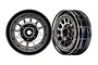 Two Traxxas TRX-4 Method 105 1.9-inch black chrome RC crawler wheels shown from front and side angles.