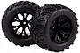 Two black monster truck RC wheels with aggressive tread patterns and black multi-spoke rims, shown against a white background.