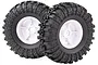 Two 1.9-inch RC crawler wheels with black off-road tires mounted on white plastic rims, shown against a white background.