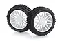 Two black rubber RC buggy tyres mounted on white multi-spoke plastic rims, shown against a white background.