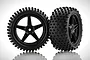 Two black 1/10 scale RC buggy rear wheels with knobby tread patterns on a white background.