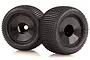 Two black RC truggy wheels with off-road pin tread tires and solid black rims, shown against a white background.