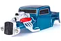 A pre-painted blue HSP 1/8 scale hot rod RC car body shell with a prominent silver engine and red valve covers against a white background.