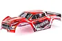 A pre-painted red HSP Wolverine RC truck body shell with black and white graphic accents, shown from a high-angle side view against a white background.