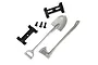Traxxas TRX-4 scale accessory set including a grey plastic shovel, axe, two black mounting brackets, and three small metal screws on a white background.