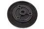A black plastic spur gear for an RC car, featuring a central mounting hub with three screw holes, isolated on a white background.