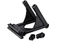 A black plastic wheelie bar mount for an RC car, featuring a triangular support structure and two small separate mounting brackets.