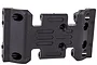 A black plastic RC car chassis component with mounting holes and textured details isolated on a white background.