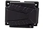 A black plastic radio box cover for an RC car, featuring a textured design and mounting holes at the corners.