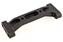 A black plastic RC car chassis brace component with mounting holes and a contoured design, isolated on a white background.