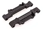 Two black plastic suspension arm pin mounts for an RC car, shown from an elevated angle against a white background.
