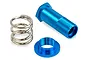 HSP aluminium servo saver components including a blue threaded post, a blue adjustment nut, and a silver metal coil spring.