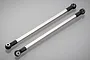 Two silver metal RC suspension linkages with black plastic rod ends on a grey background.