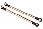 Two silver metal RC suspension linkages with black plastic ball ends on a white background.
