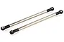 Two silver metal RC car suspension linkages with black plastic rod ends on a white background.