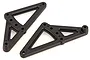Two black plastic triangular wheelie bar mounts for an RC car, featuring multiple mounting holes.