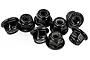 A cluster of eight black flanged serrated nyloc wheel nuts for RC cars against a white background.