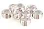 A group of eight silver-coloured aluminium pivot ball caps with hexagonal holes, arranged on a white background.