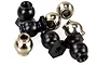 A collection of black and silver metal pivot balls for RC car suspension, arranged on a white background.