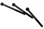 Three black metal cap head screws with fine threading, arranged on a white background.
